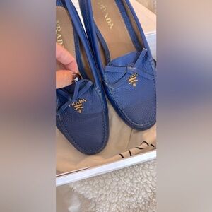 Prada Blue Leather Bow Slip On Loafers 6.5